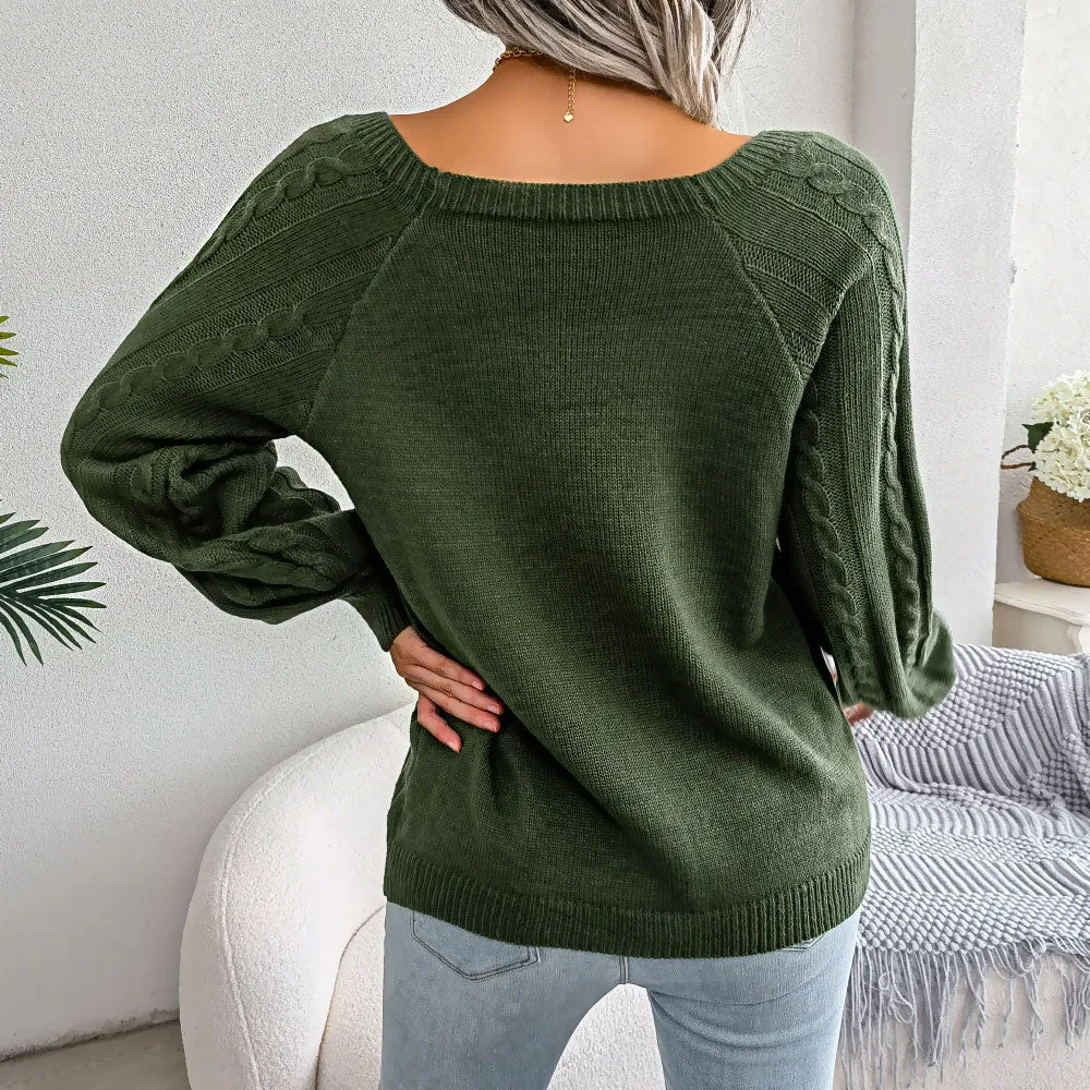 Sassy Button Detail Balloon Sleeve Pullover Fisherman Sweater