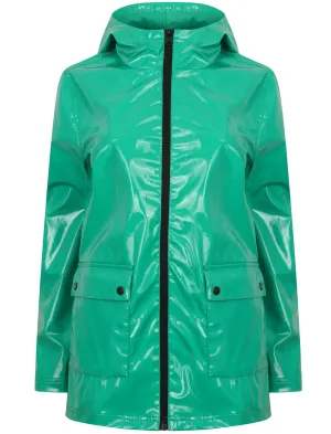 Shine Patent Hooded Rain Coat In Parakeet Green - Tokyo Laundry