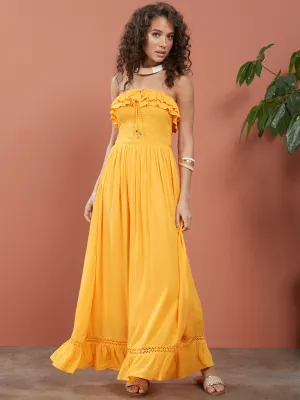 Strapless Smocked Ruffle-Top Maxi Dress