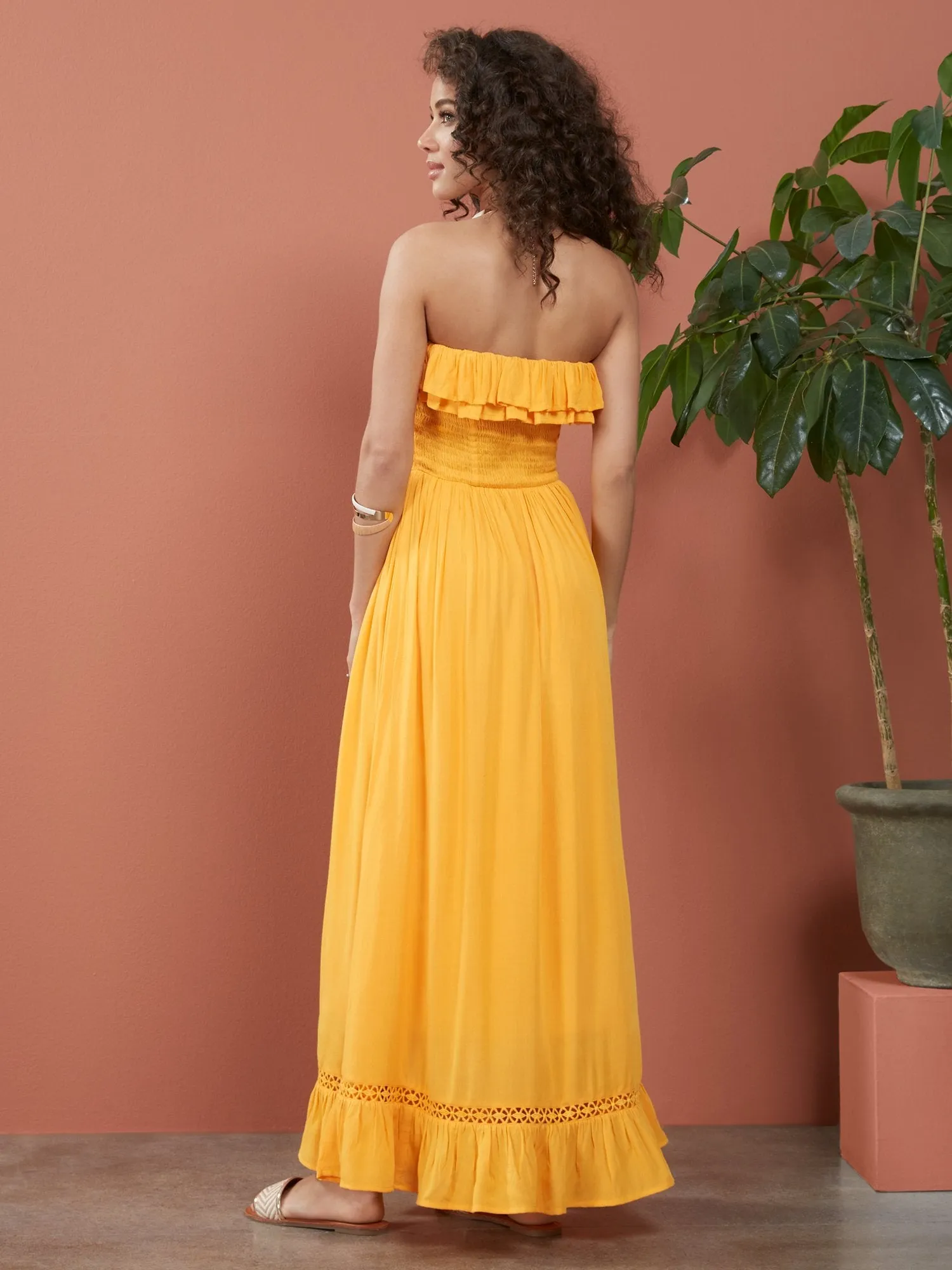 Strapless Smocked Ruffle-Top Maxi Dress