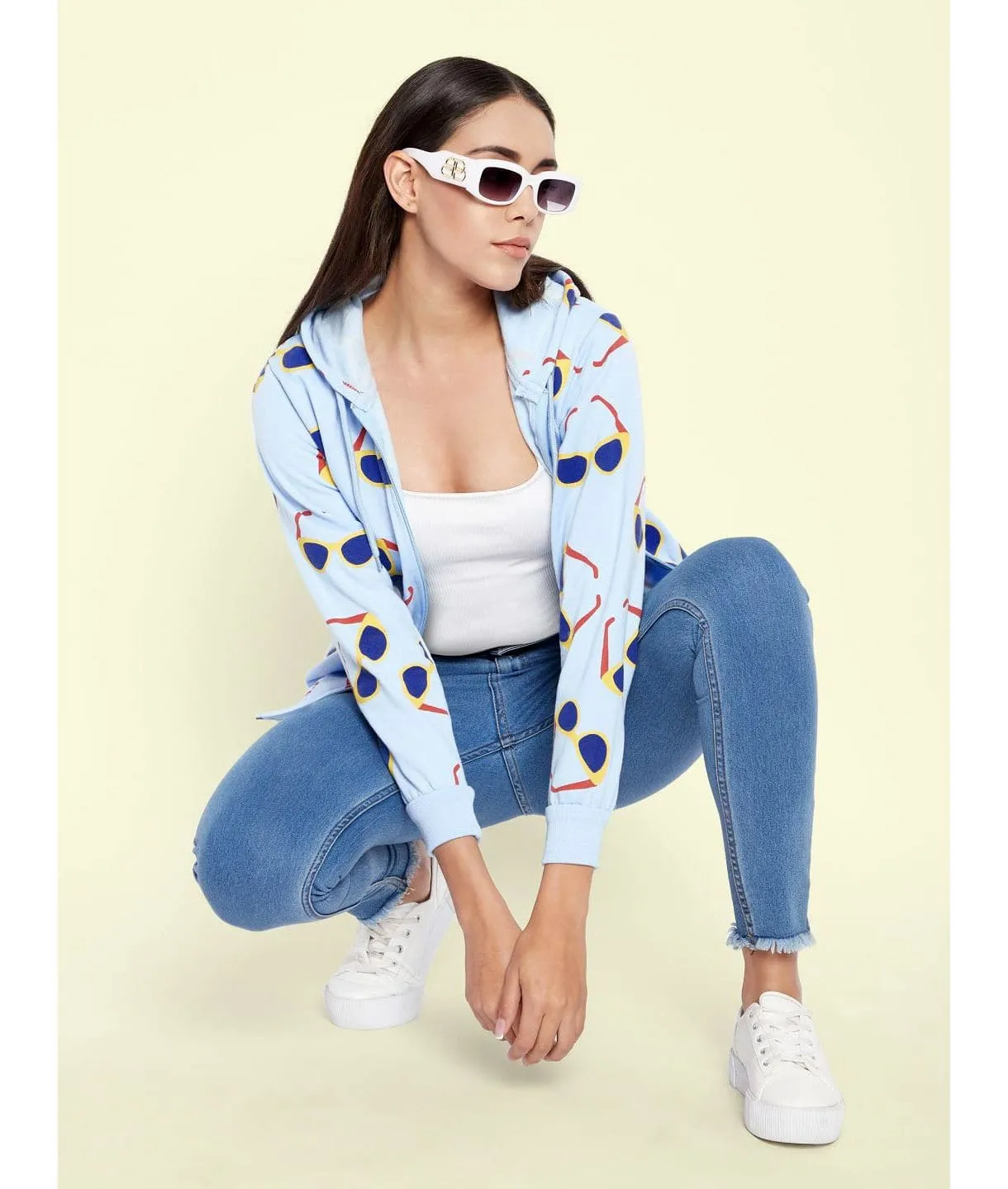 Sunglass Print Cotton Zippered Hoodie with Pockets