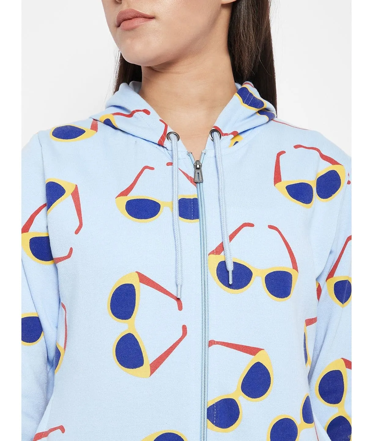 Sunglass Print Cotton Zippered Hoodie with Pockets