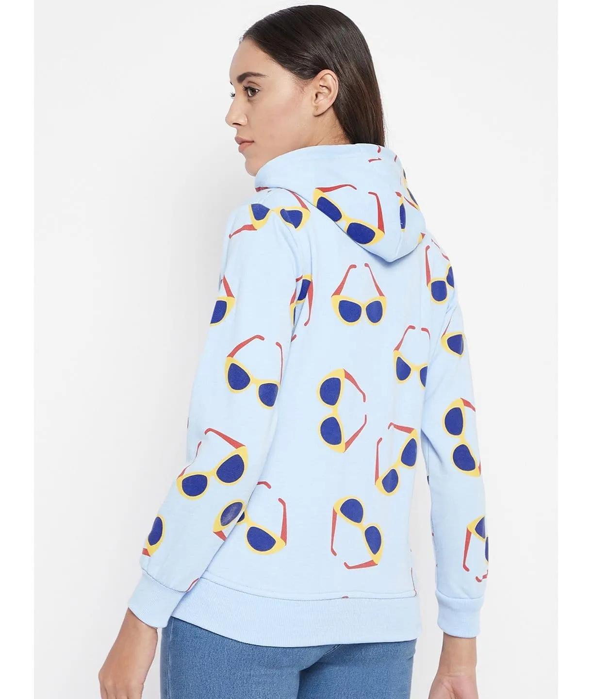 Sunglass Print Cotton Zippered Hoodie with Pockets