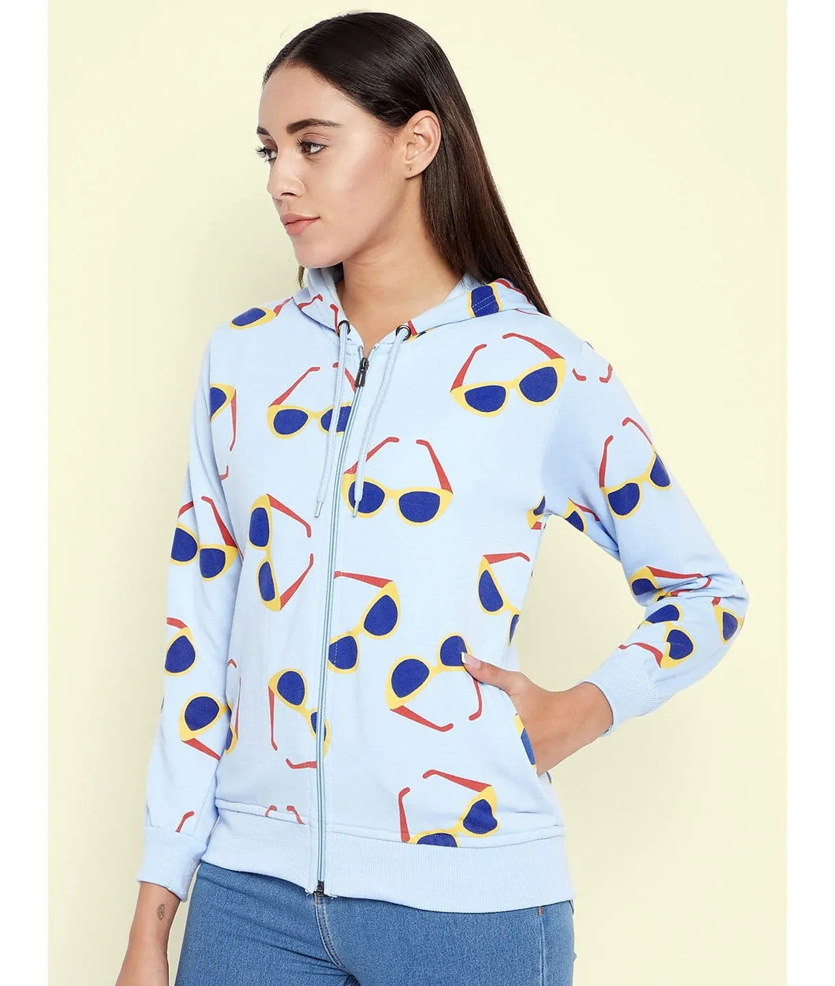 Sunglass Print Cotton Zippered Hoodie with Pockets