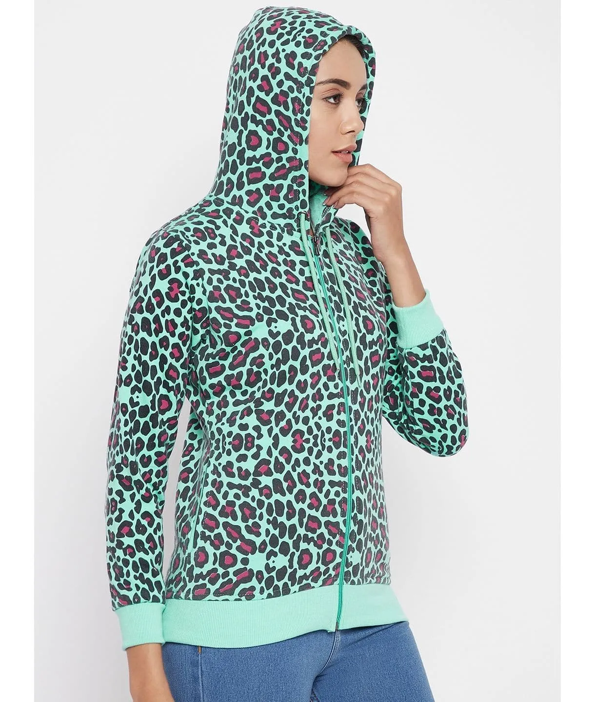 Sunglass Print Cotton Zippered Hoodie with Pockets