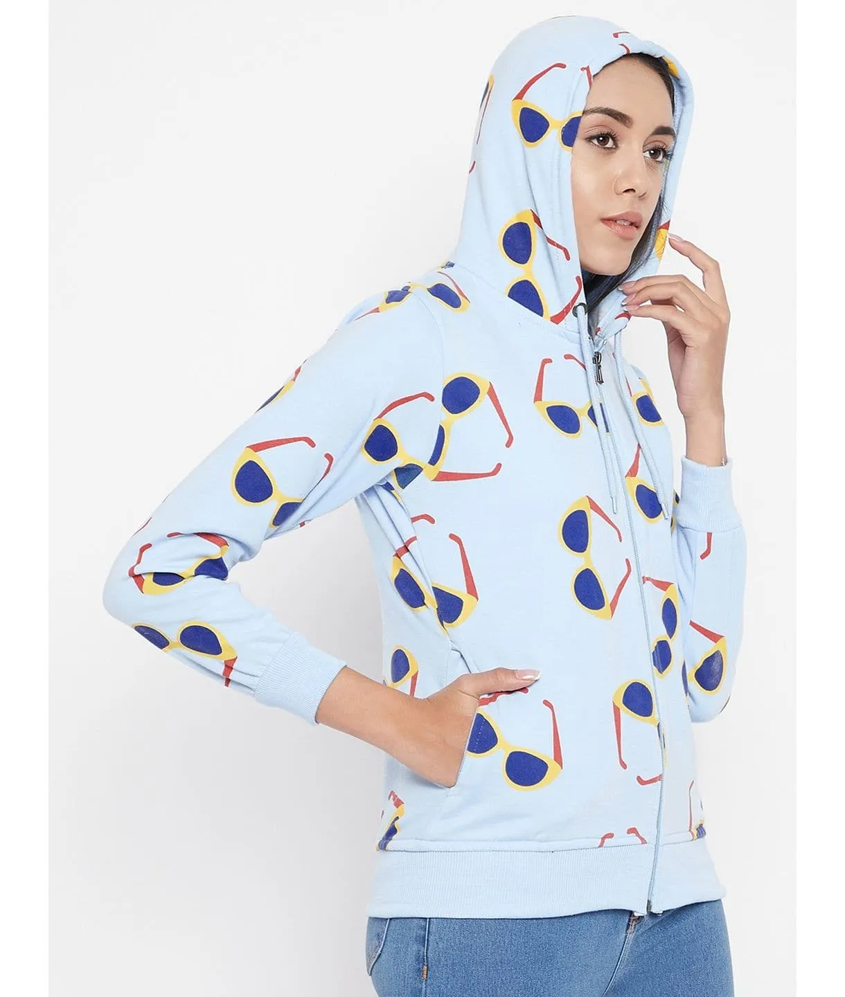 Sunglass Print Cotton Zippered Hoodie with Pockets