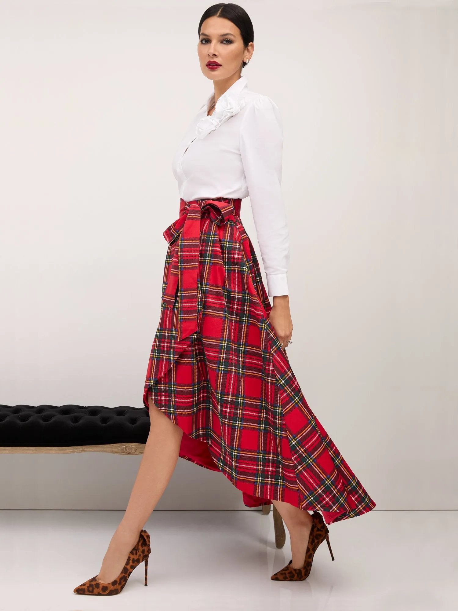 Tartan Bow-Front High-Low Maxi Skirt