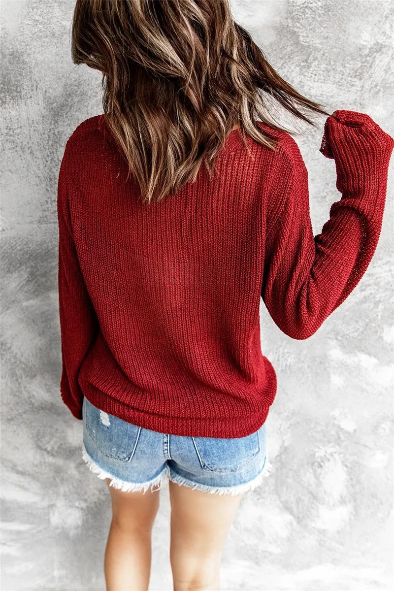 V Neck Long Sleeves Buttons Wholesale Womens Knitted Sweater