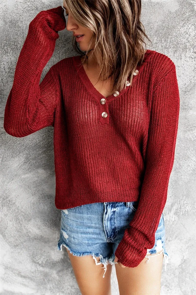 V Neck Long Sleeves Buttons Wholesale Womens Knitted Sweater