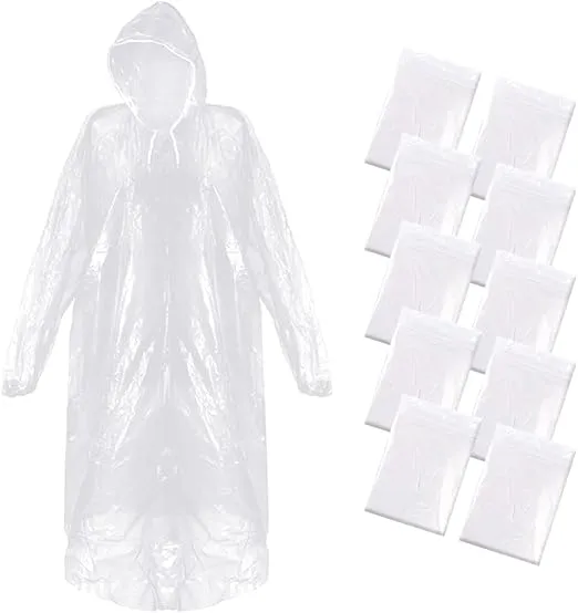 Xrkuu 10 Pack Disposable Rain Ponchos, Transparent Adult Emergency Waterproof Rain Coat, Portable Raincoats with Drawstring Hood & Elasticated Wrists for Camping, Hiking, Fishing, Outdoor Activities